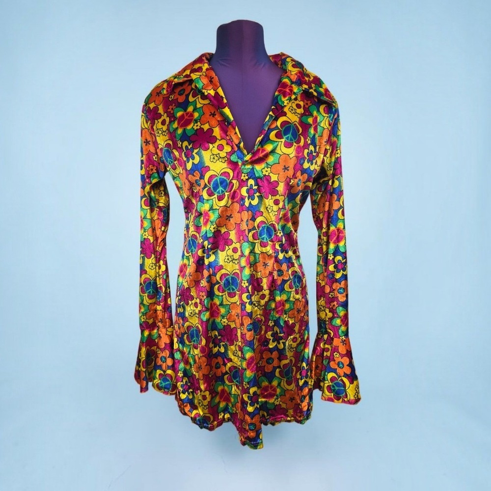 Halloween Custome Psychedelic Floral Peace Sign Bell Sleeve Mini Dress Hippie